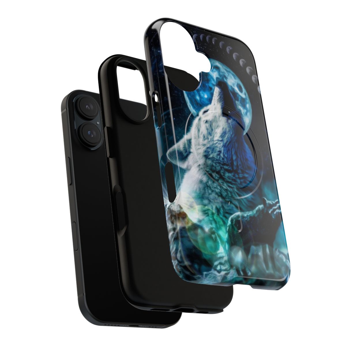 A phone case featuring a detailed wolf howling at the moon against a starry night sky background. - Layers