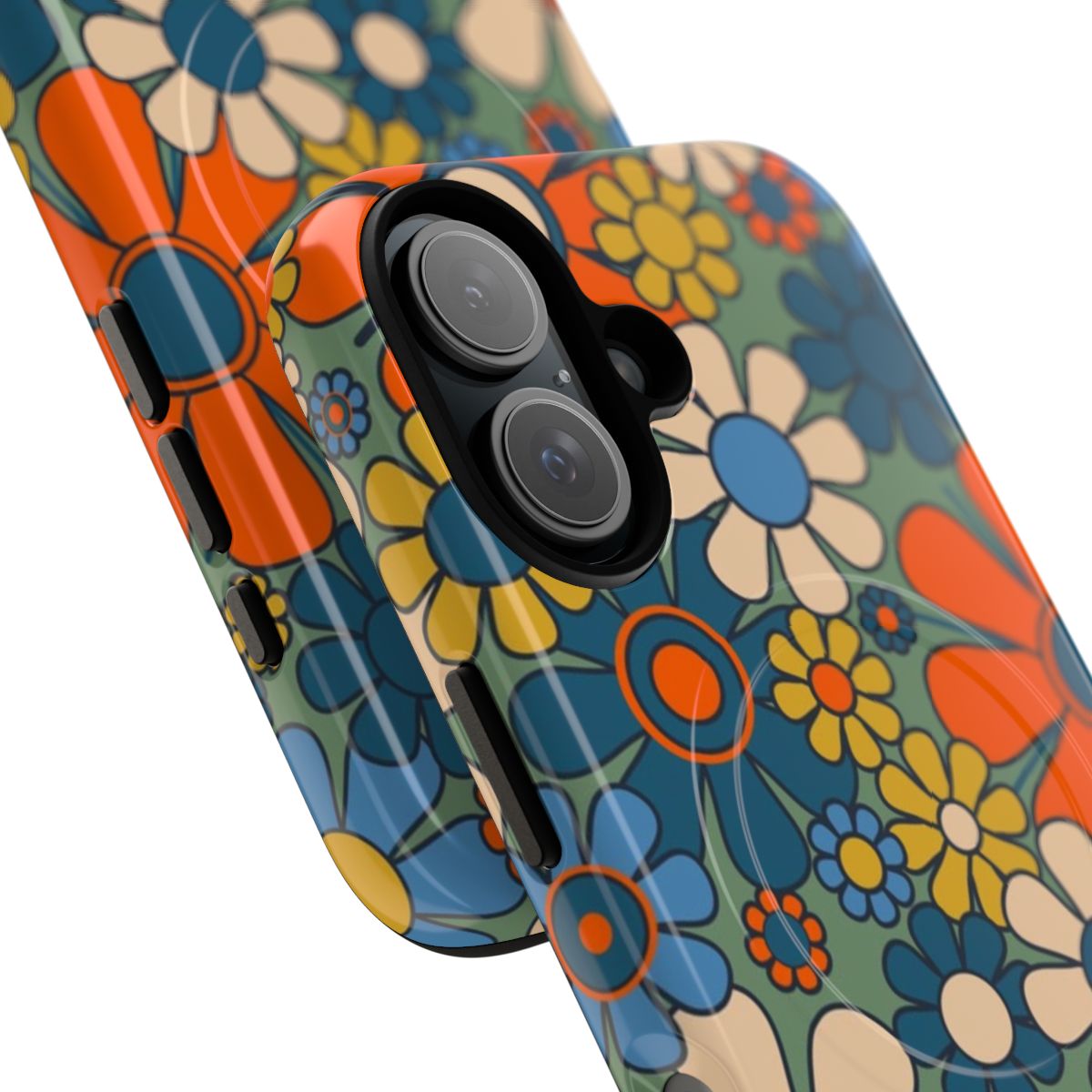 Retro floral pattern phone case featuring a multicolor 1960s 1970s botanical design - Detail