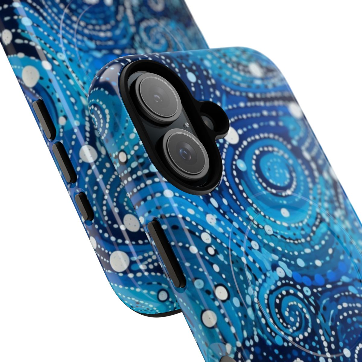 Vibrant water vortex design on a durable phone case, inspired by Australian Aboriginal art - Detail