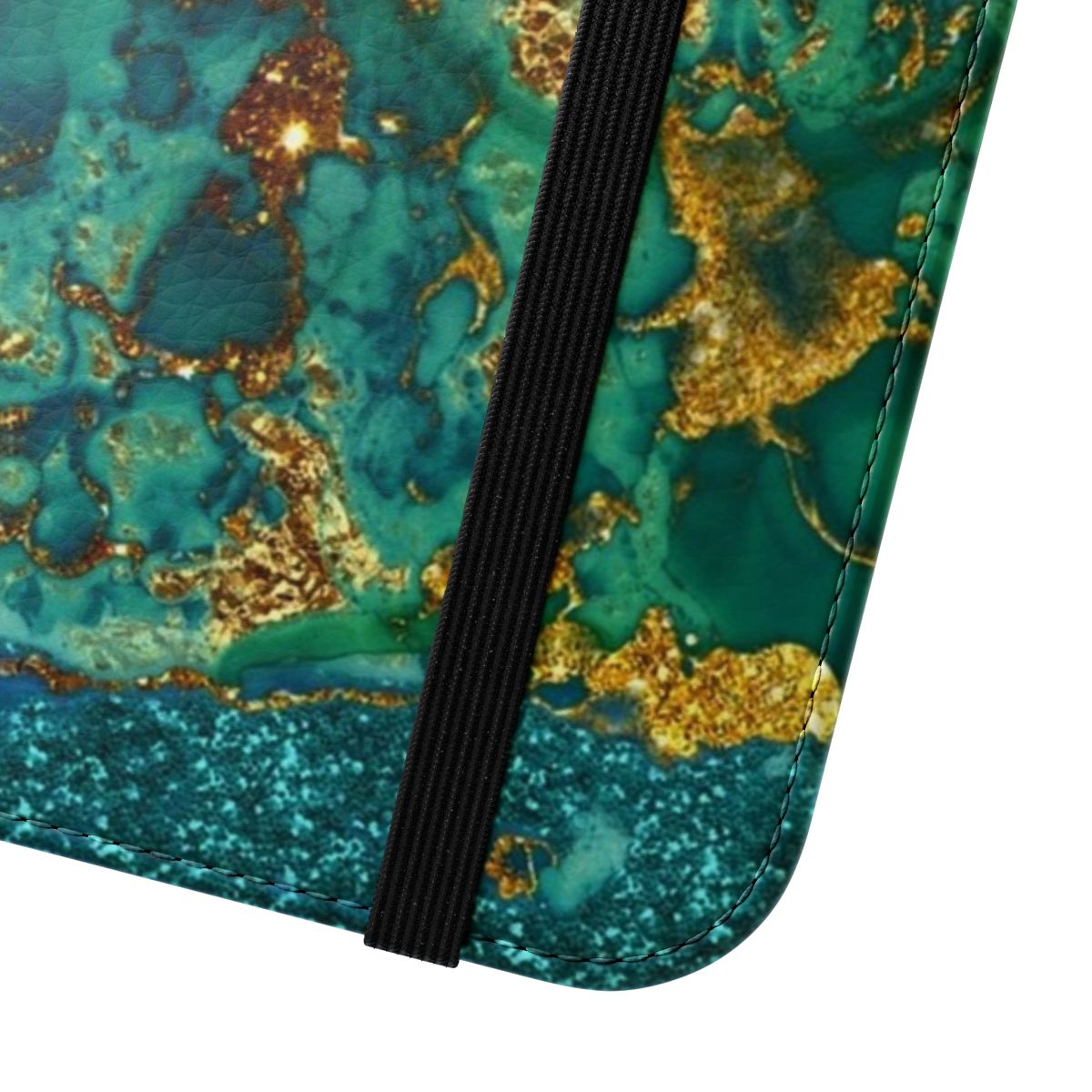 Sparkling gold glitter and faux marble pattern on a phone case cover - Close Up