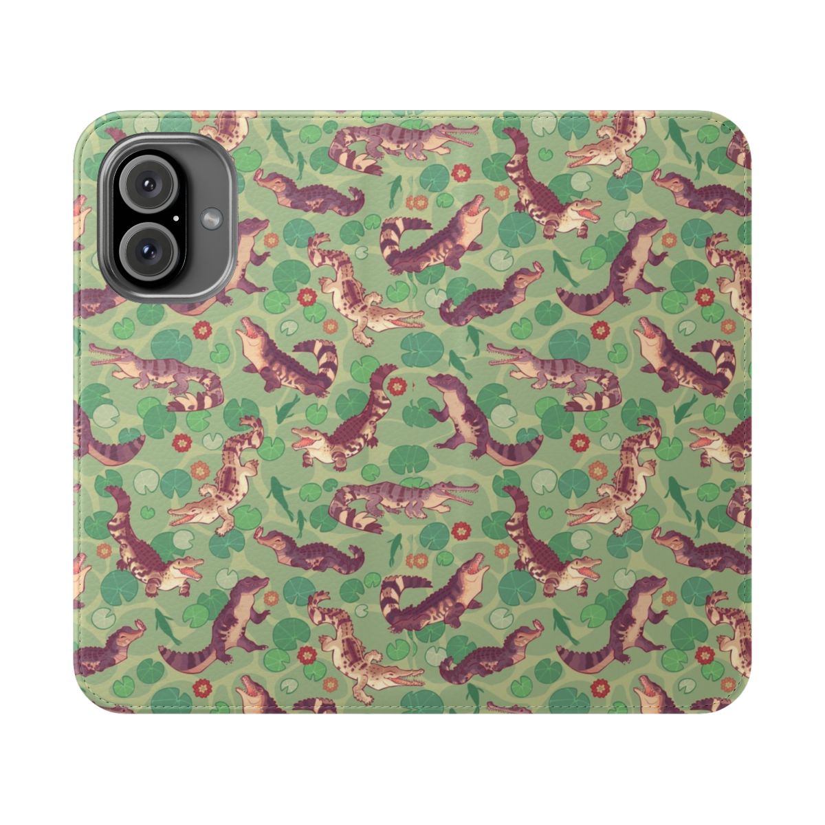 A vibrant flip cover phone case featuring a detailed pattern of crocodiles, alligators, and other reptiles in a lush, swampy environment.