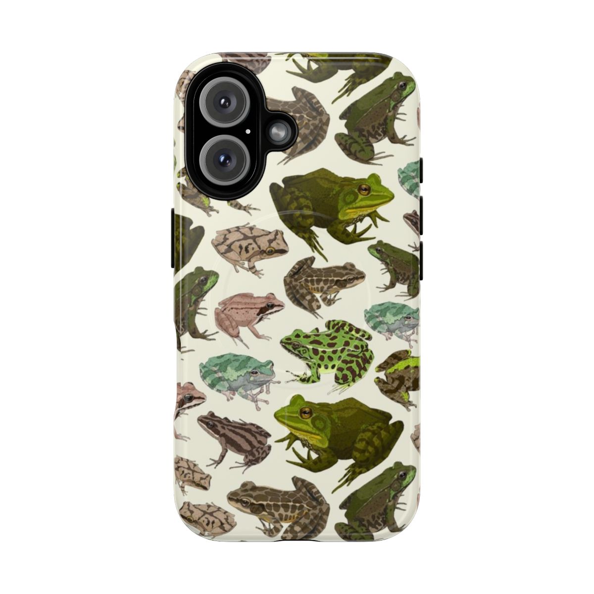 A magnetic tough phone case featuring a vibrant frog pattern.