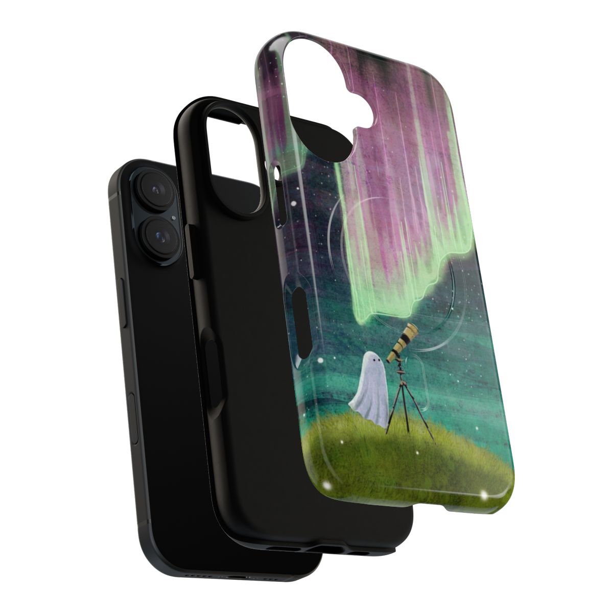 Stargazer magnetic phone case with night sky, northern lights, and ghost design - Layers