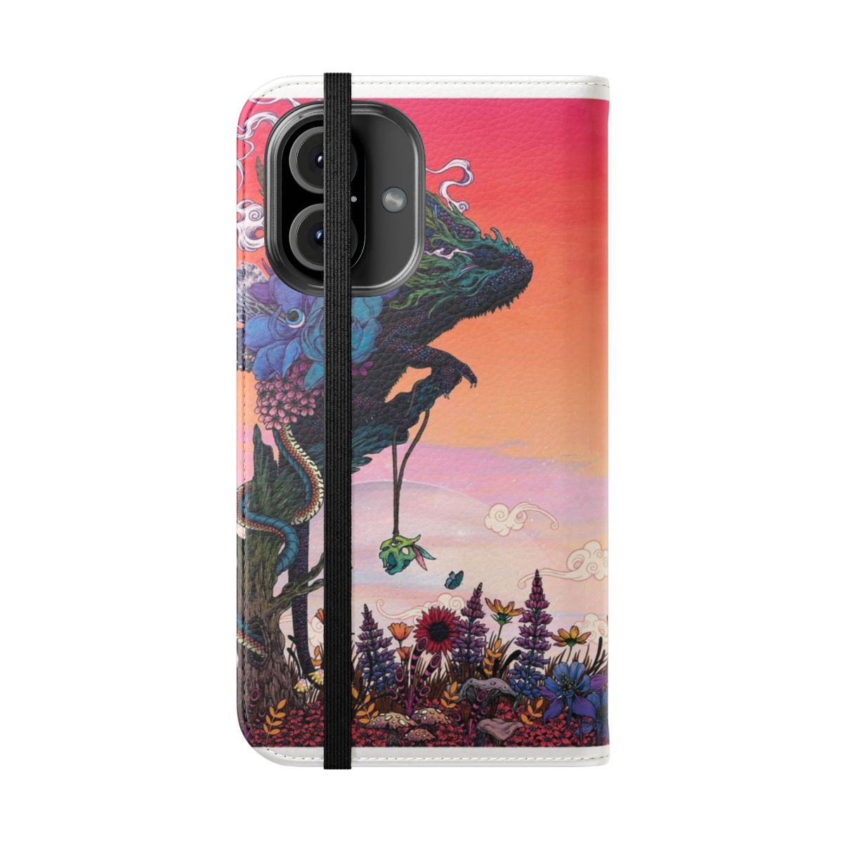 Psychedelic, surreal, and sci-fi inspired phone case featuring a chameleon, flowers, and detailed nature elements. - Folded Front