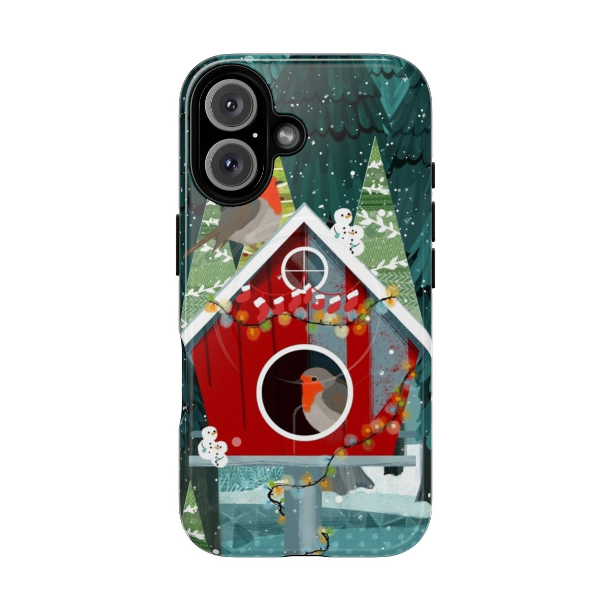 Magnetic phone case with a robin birdhouse design in a snowy forest scene