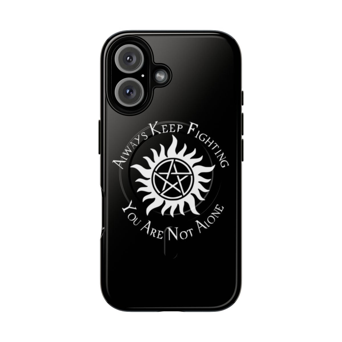 Supernatural themed magnetic tough phone case with pentagram, anti-possession, and family business imagery