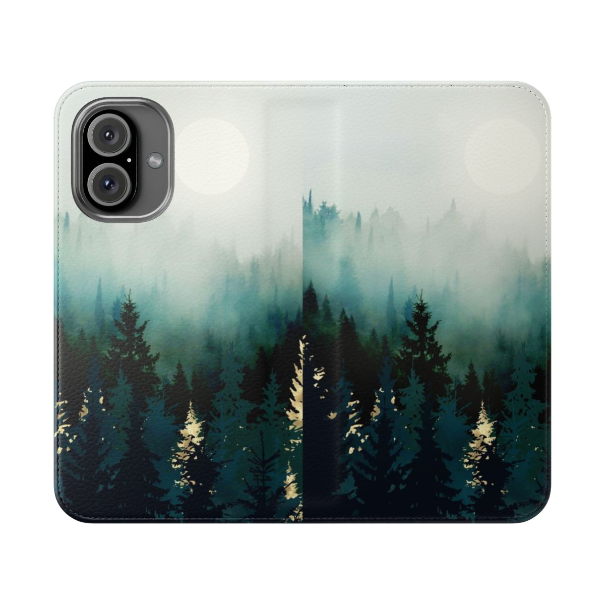 A vibrant phone case featuring a nature-inspired forest glow design