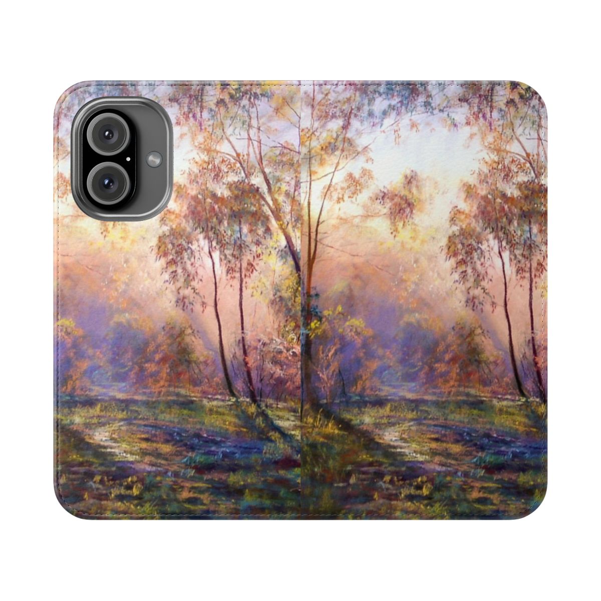 Flip cover phone case featuring a scenic landscape image of trees and nature