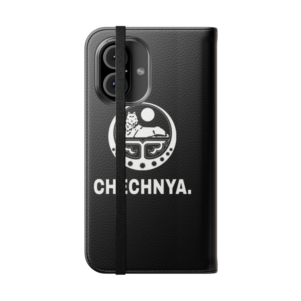 Flip cover phone case with a Chechnya-inspired wolf design - Folded Front