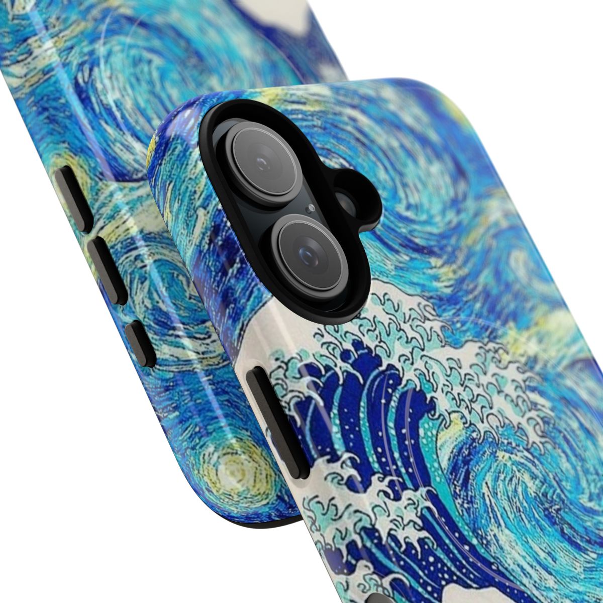 Artistic phone case featuring Hokusai's "The Great Wave" and Van Gogh's "Starry Night" - Detail