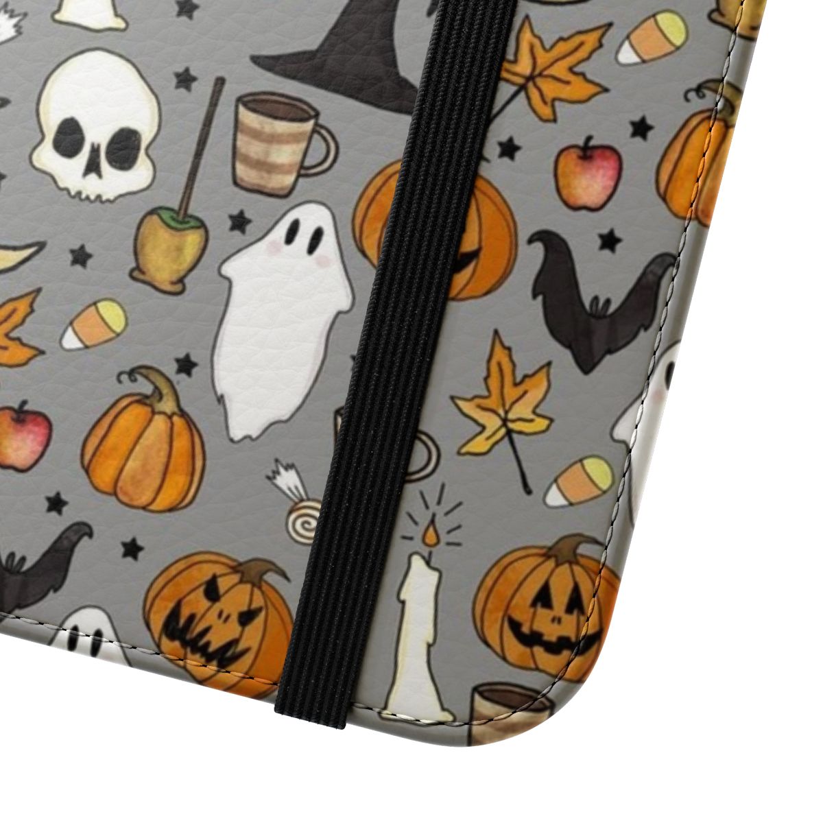 A gray and orange patterned flip cover phone case with a Halloween theme, featuring pumpkins, moons, and other spooky elements. - Close Up