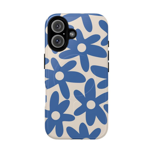 Vibrant blue floral pattern on a retro-styled phone case