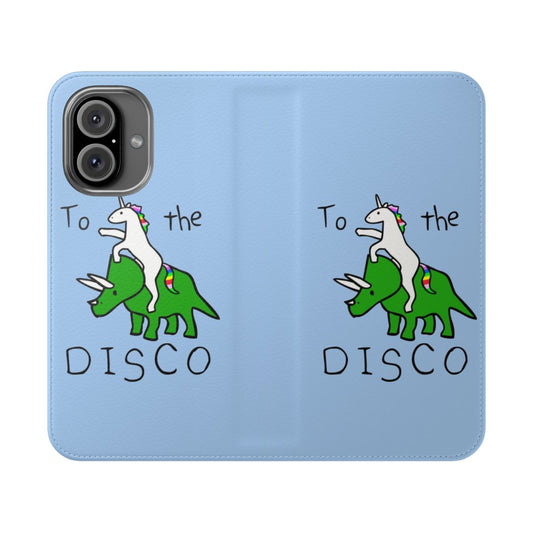 Colorful phone case featuring a unicorn riding a triceratops in a disco-themed design.