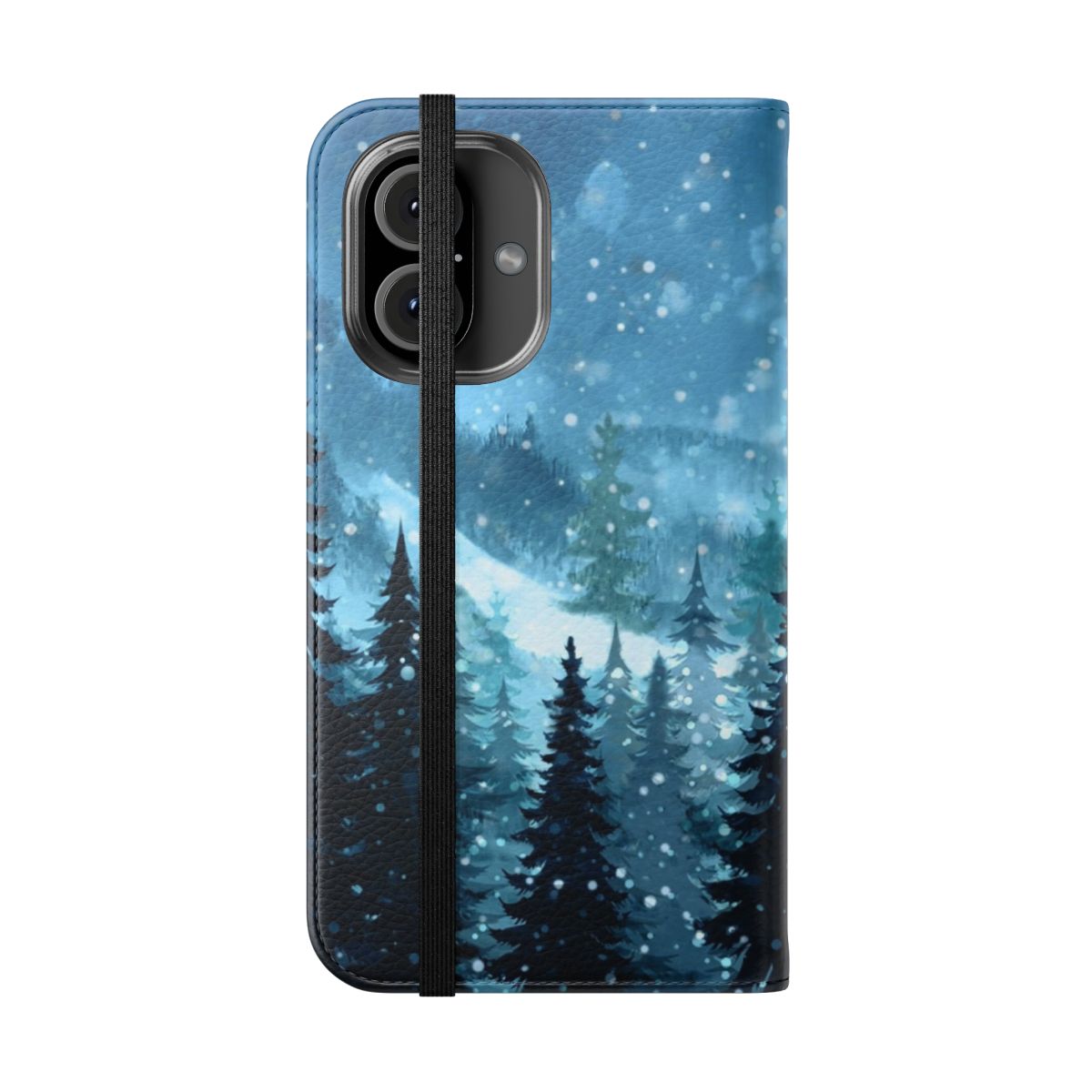 Watercolor painting of a snowy pine forest and mountains at night with snowflakes. - Folded Front