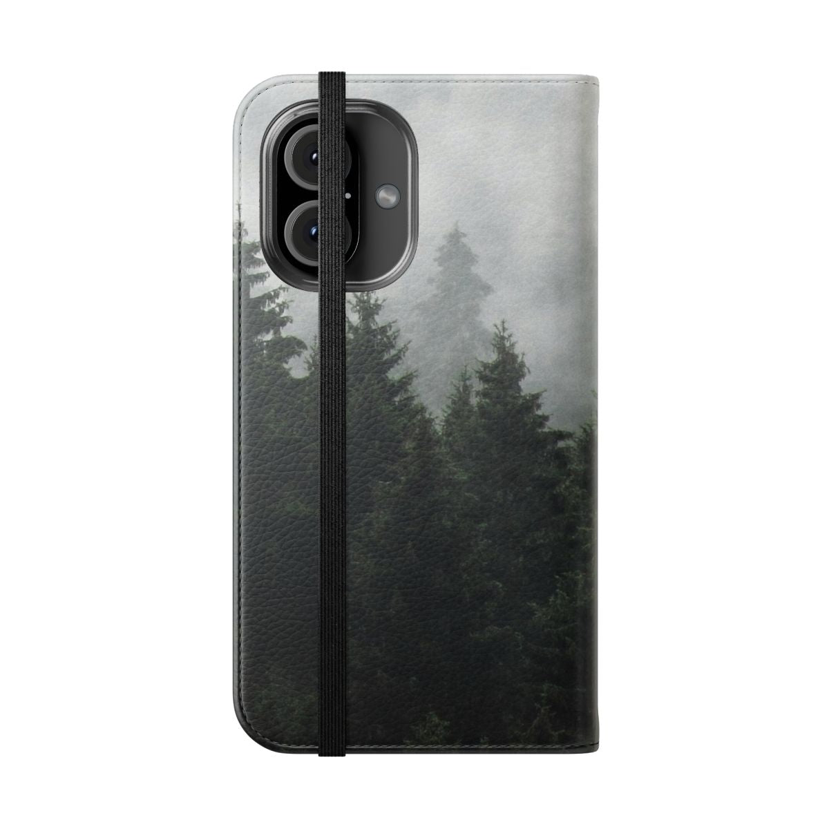 Flip cover phone case featuring a misty, foggy fairytale forest with Cascadia trees covered in magic fog. - Folded Front