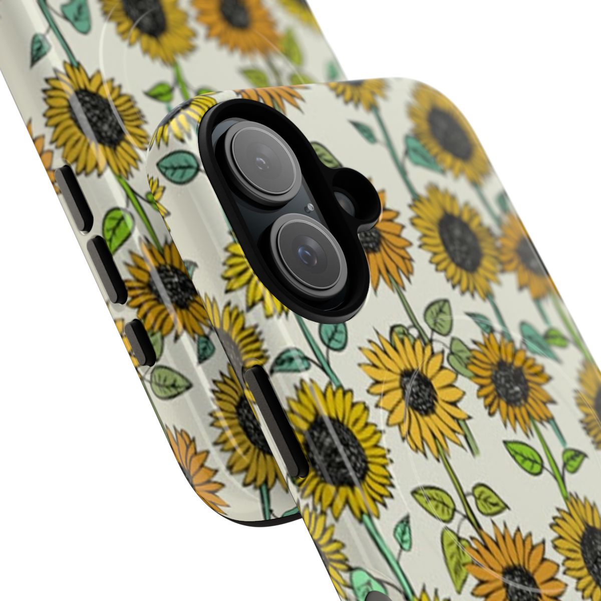 A phone case decorated with a painted sunflower design. - Detail