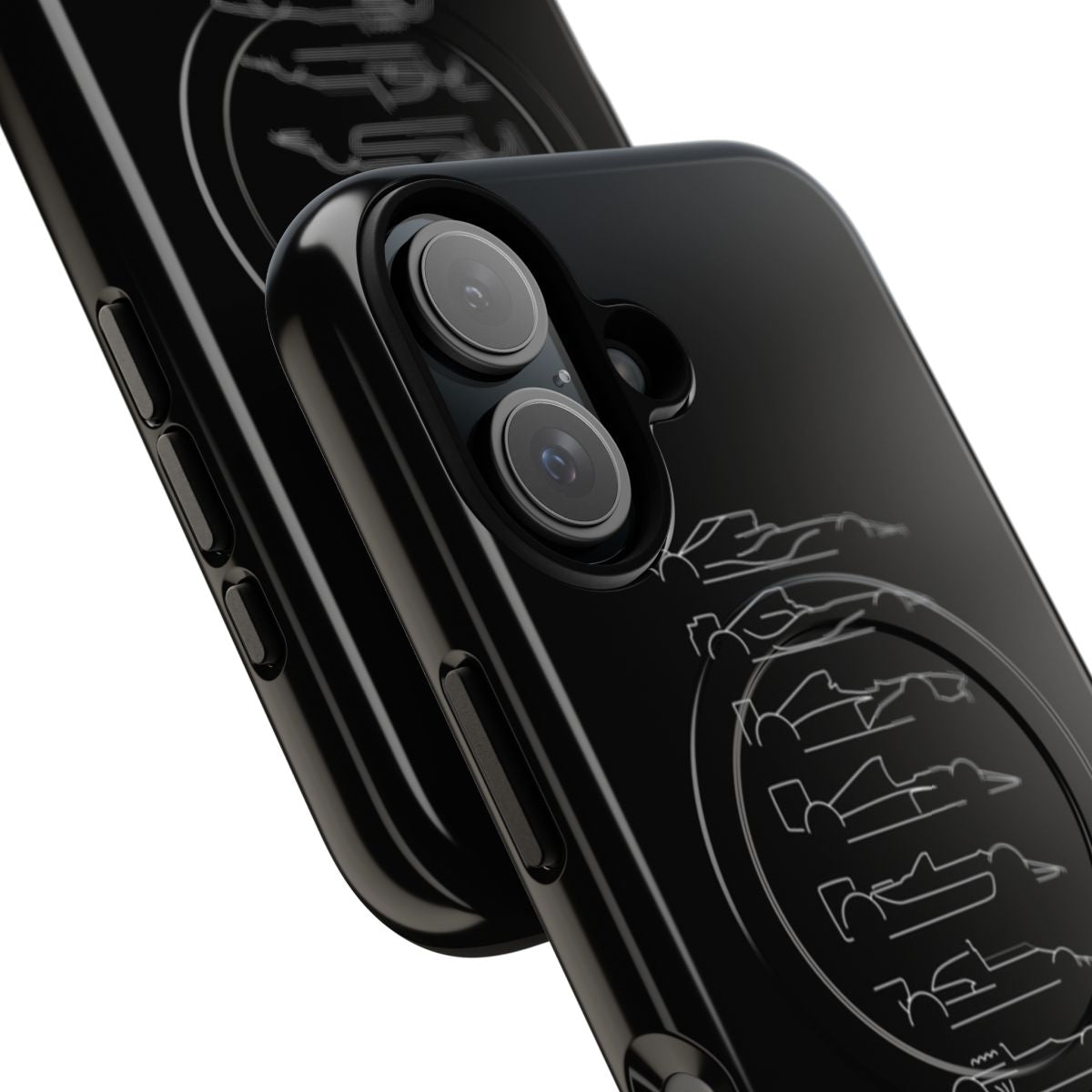 Black phone case with F1 decades design - Detail