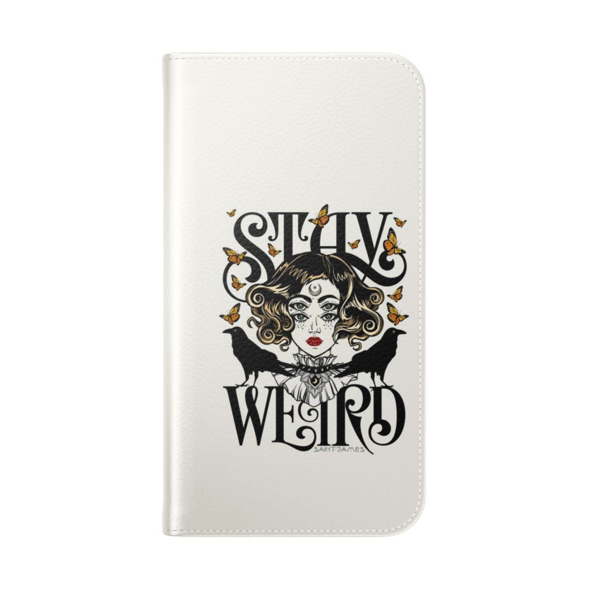 Rose and The Ravens flip cover phone case with a gothic, witchy design featuring ravens and a rose. - Folded Back