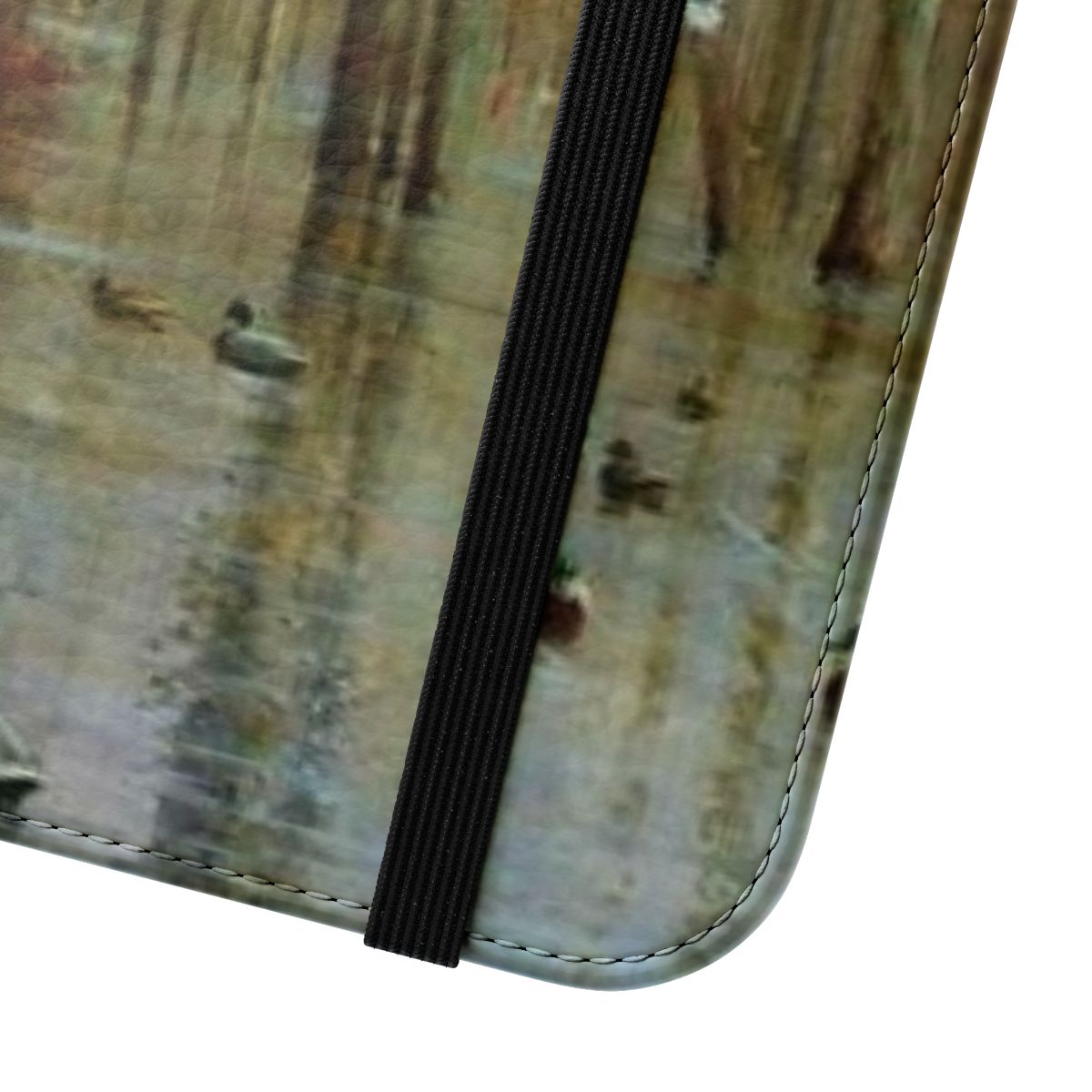 Mallard-patterned flip cover phone case with timber and swamp motifs for outdoor enthusiasts - Close Up