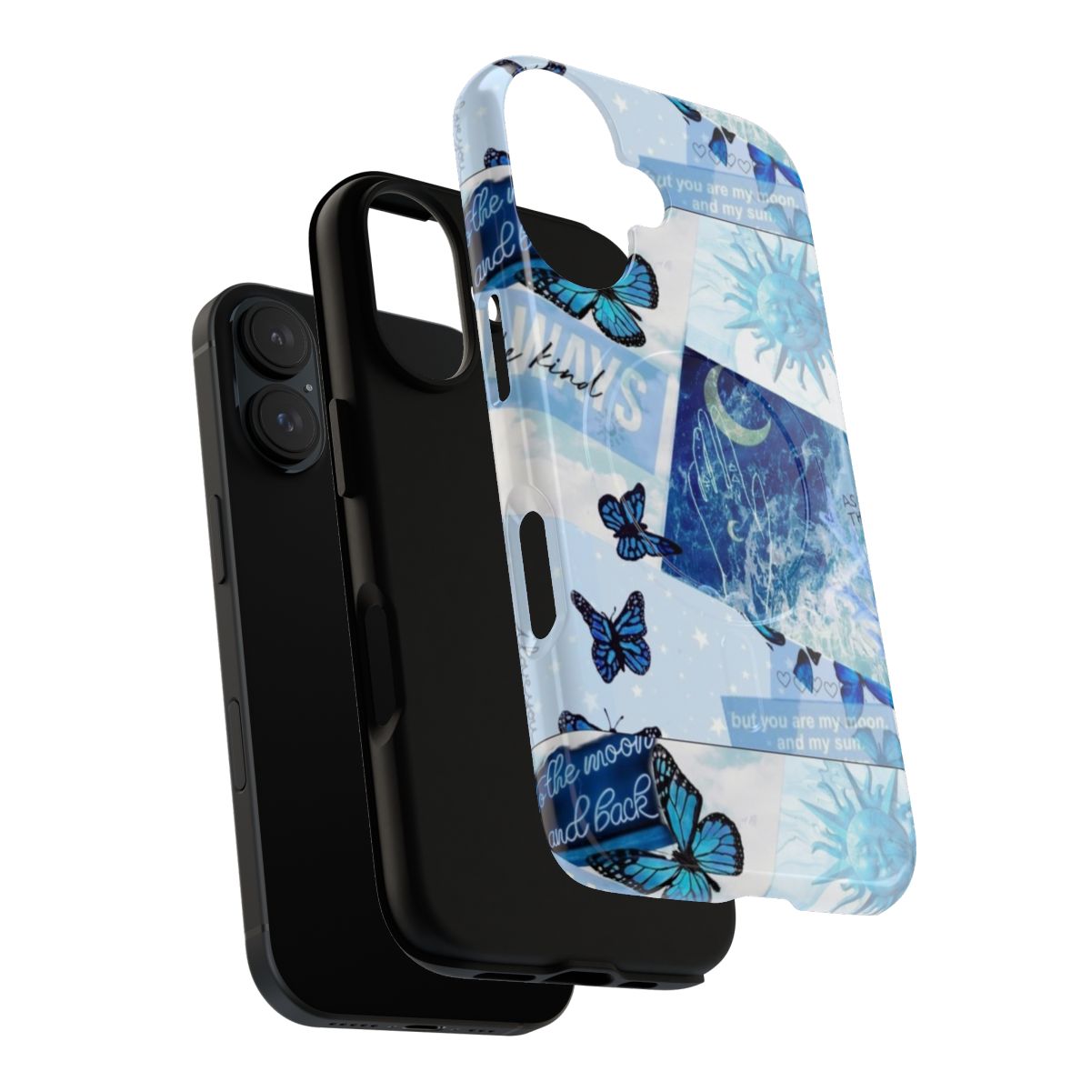 A blue phone case with a collage of aesthetic designs including butterflies, moon, sun, and other natural elements. - Layers