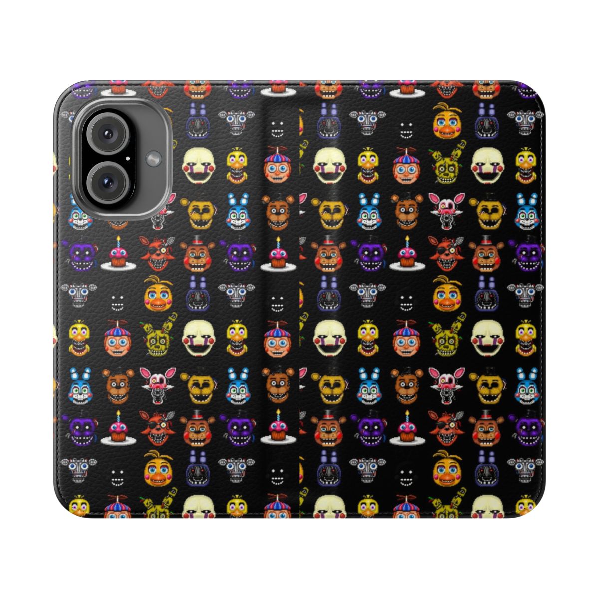 Pixel art flip cover phone case featuring multiple Five Nights at Freddy's characters