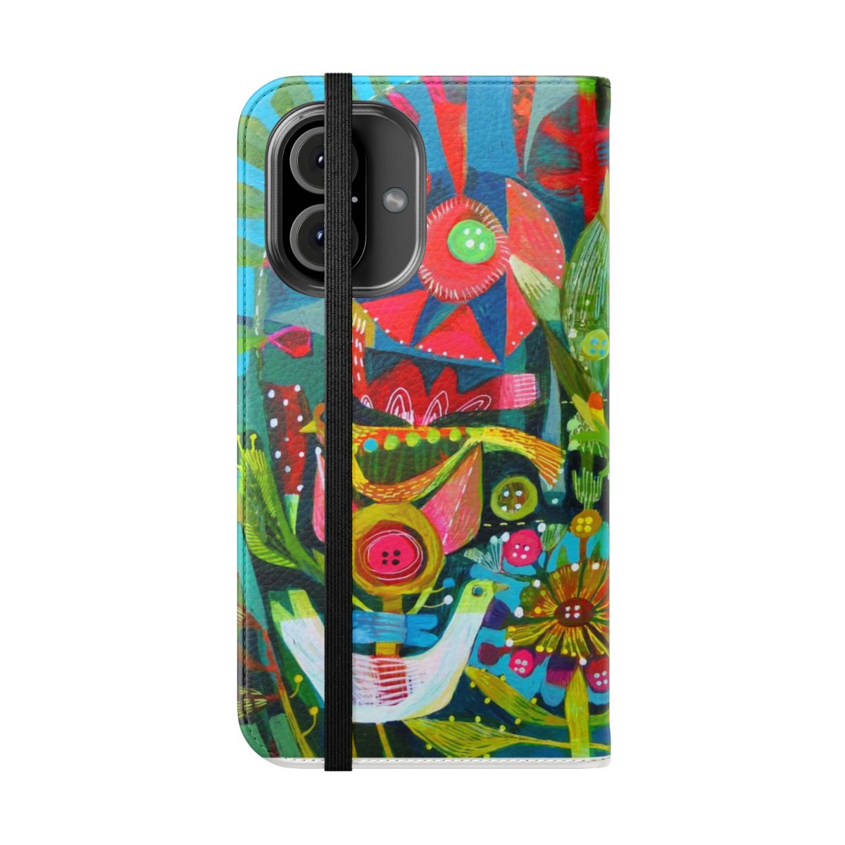 Colorful phone case with a design featuring birds and flowers in pink, blue, and yellow. - Folded Front