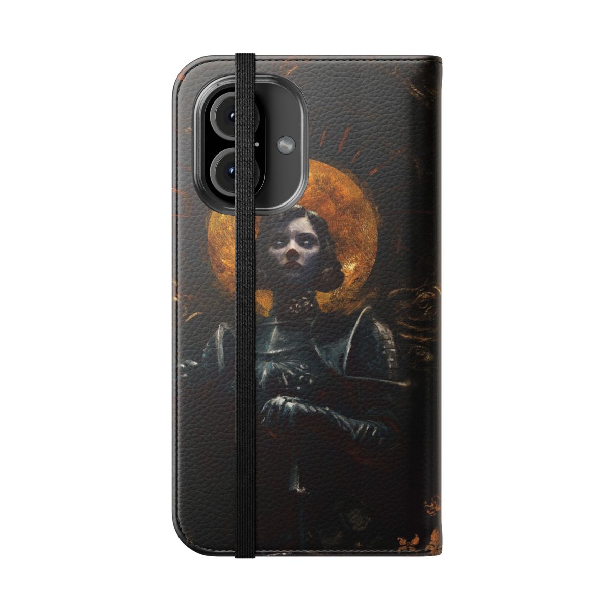 Joan of Arc inspired flip cover phone case with historical design - Folded Front