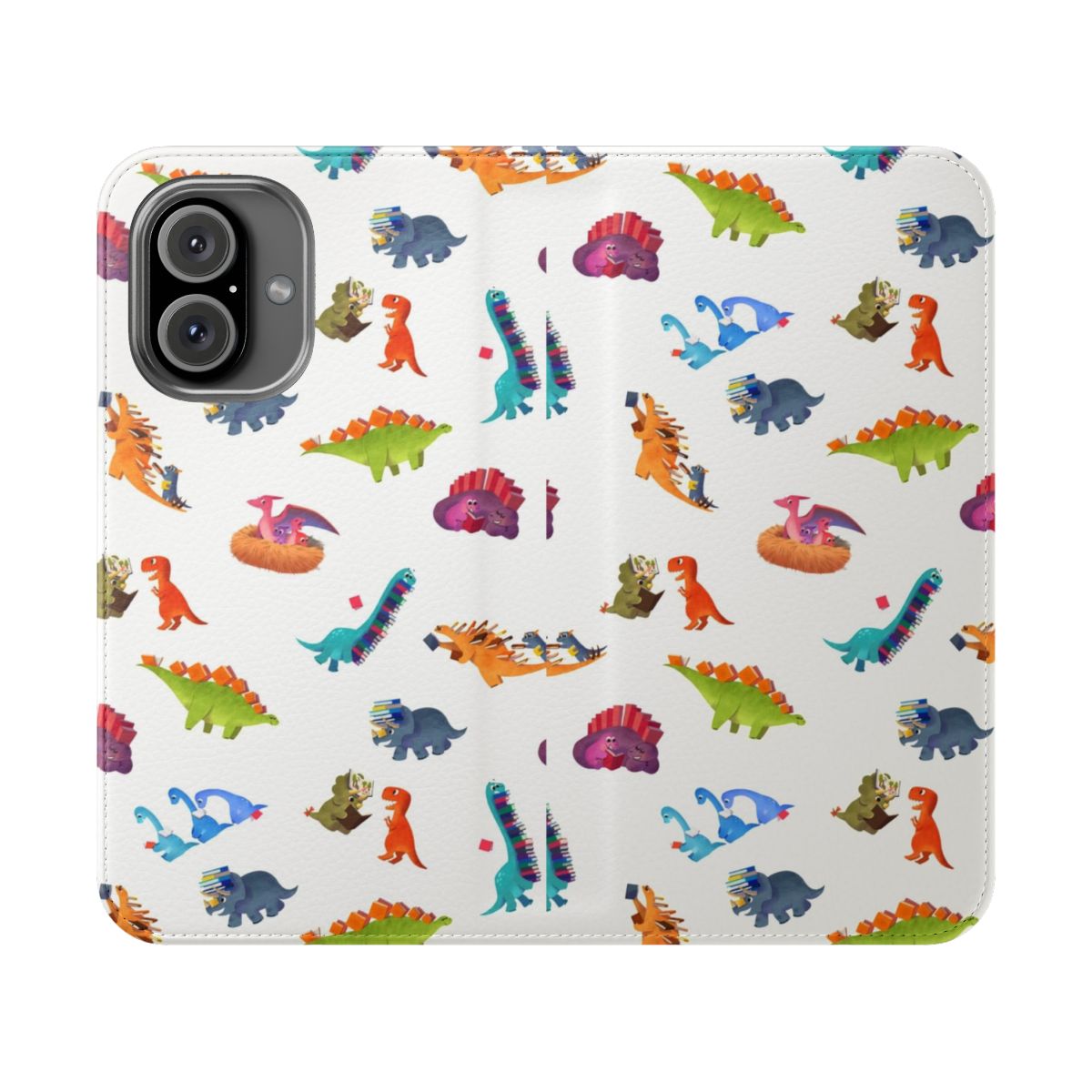 Dinosaur-themed flip cover phone case featuring a book-style design for kids