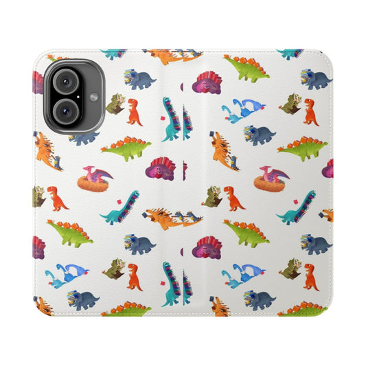 Dinosaur-themed flip cover phone case featuring a book-style design for kids