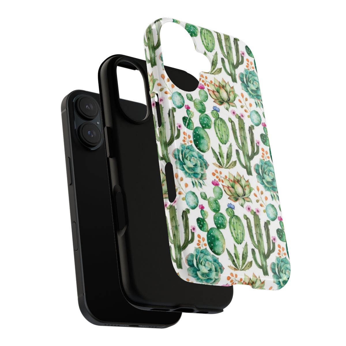 Watercolor cactus pattern phone case with magnetic closure and impact-resistant design - Layers