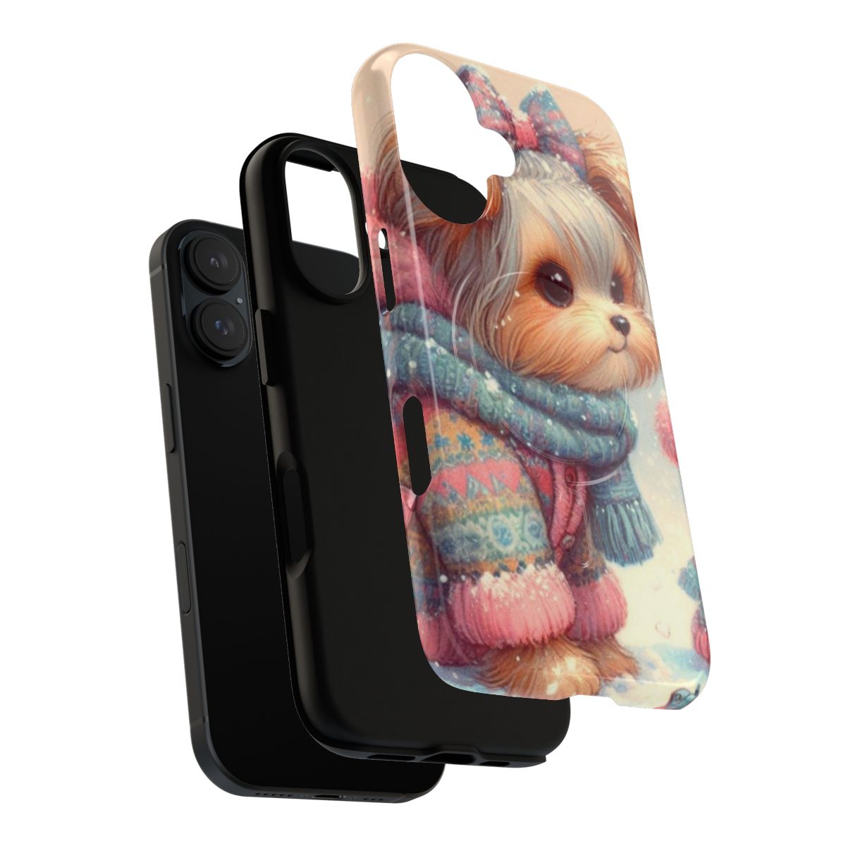 Adorable Yorkshire Terrier puppy wearing a cozy sweater in a winter wonderland setting on a magnetic phone case. - Layers