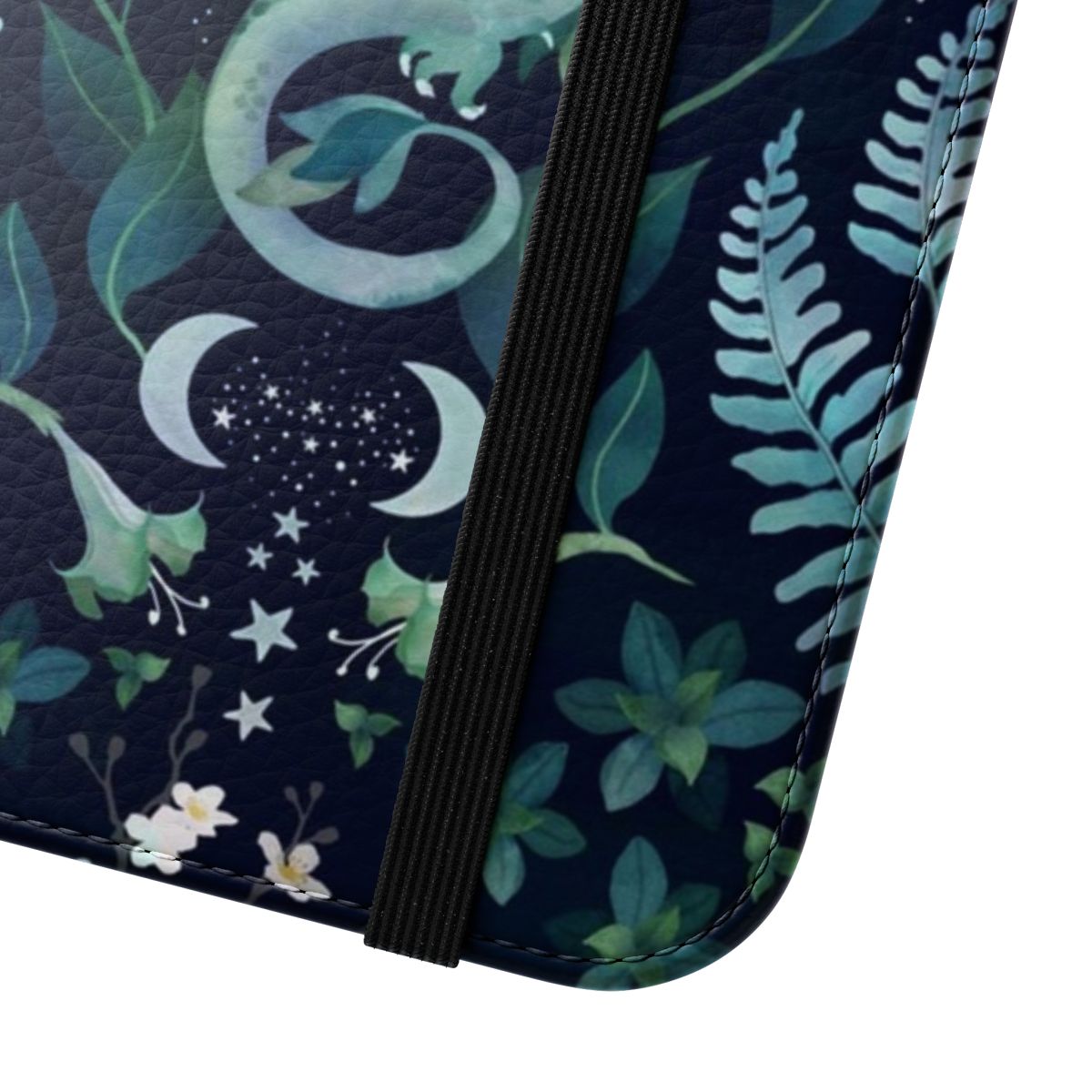 Artistic phone case featuring a mystic woodland dragon in watercolor shades of green and blue with floral and nature elements. - Close Up