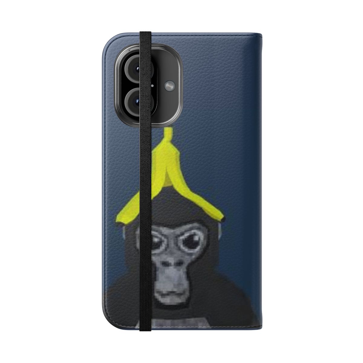 Flip cover phone case featuring a monkey holding a banana, a design inspired by the popular game Gorilla Tag. - Folded Front