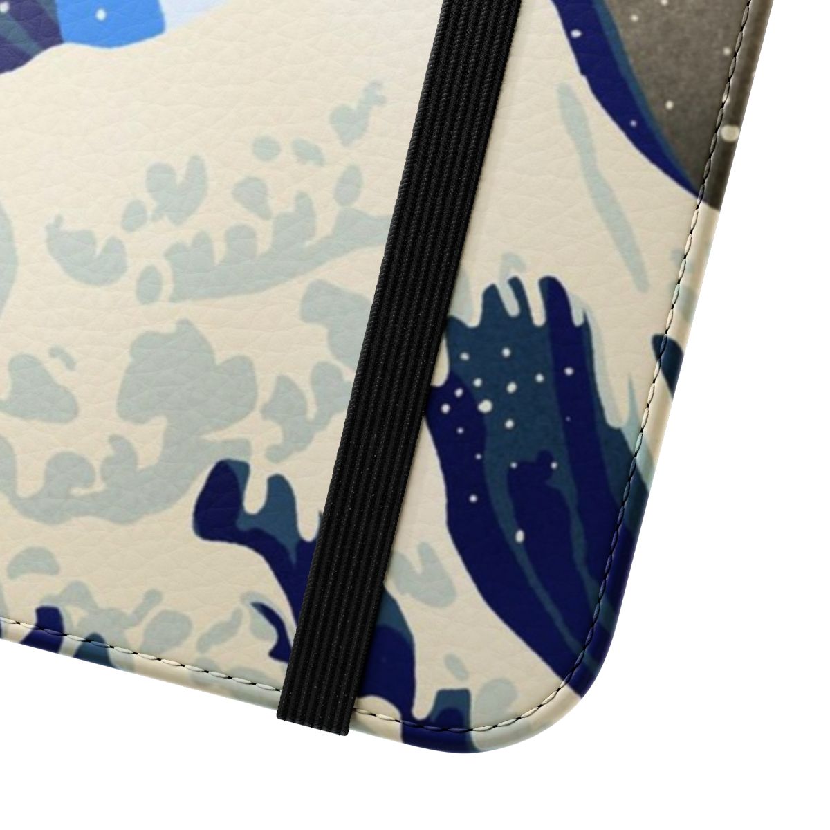 Kawaii shark-themed flip cover phone case with an artistic wave design inspired by the iconic "The Great Wave off Kanagawa" artwork. - Close Up