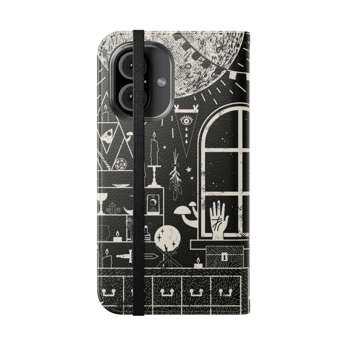 Flip cover phone case with a moon altar design in black and white - Folded Front