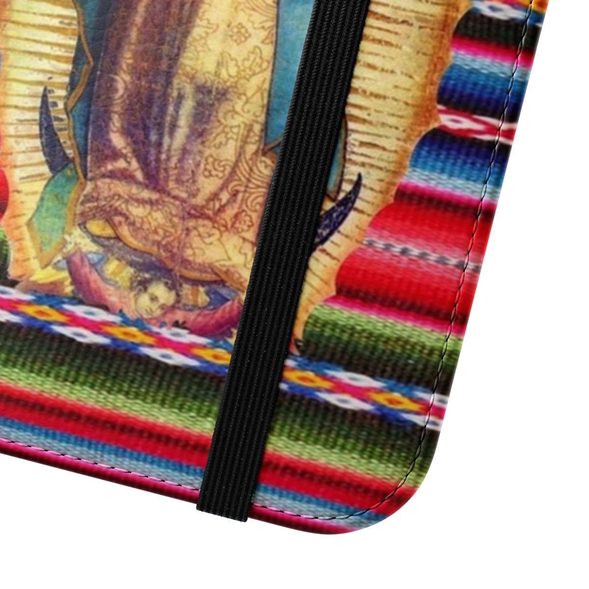 A flip cover phone case featuring an image of the Virgin Mary, also known as Our Lady of Guadalupe, a beloved figure in Catholicism and Mexican culture. - Close Up