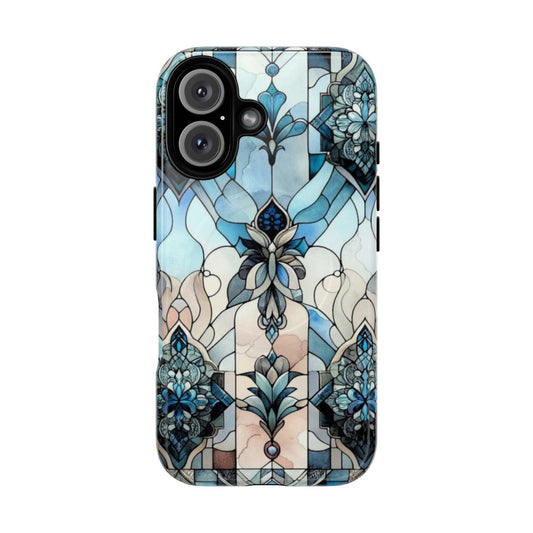 A close-up image of a blue and teal stained glass-inspired phone case with a mandala design.