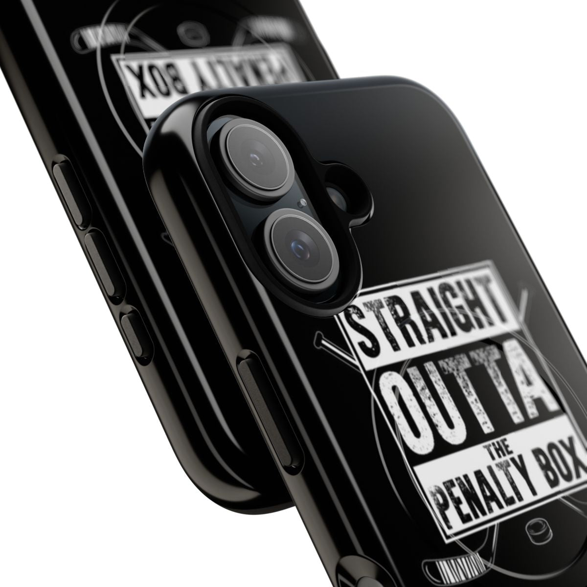 Magnetic tough phone case with an ice hockey design featuring the text "straight outta the penalty box" - Detail