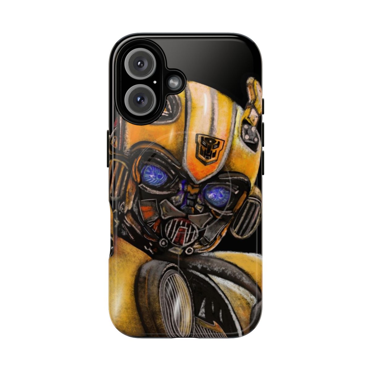 A phone case with a digital illustration of the Transformer character Bumblebee.