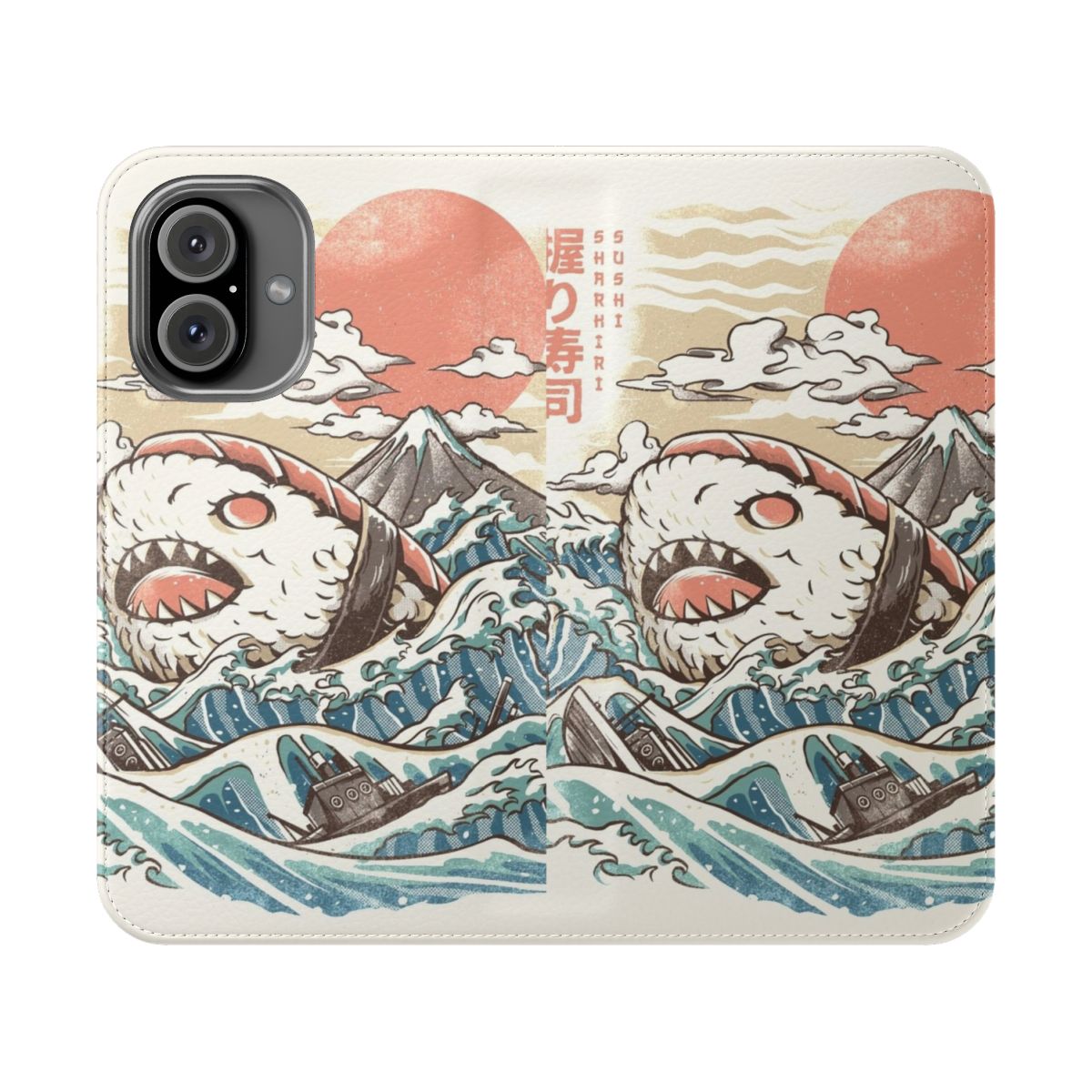 Sharkiri Sushi Flip Cover Phone Case featuring a vibrant illustration of sushi, waves, and a kaiju-inspired shark.