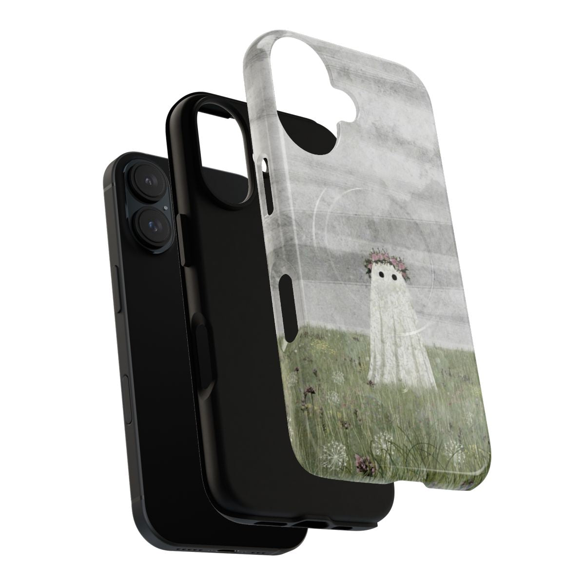 Whimsical phone case featuring a ghostly figure in a lush, floral meadow - Layers