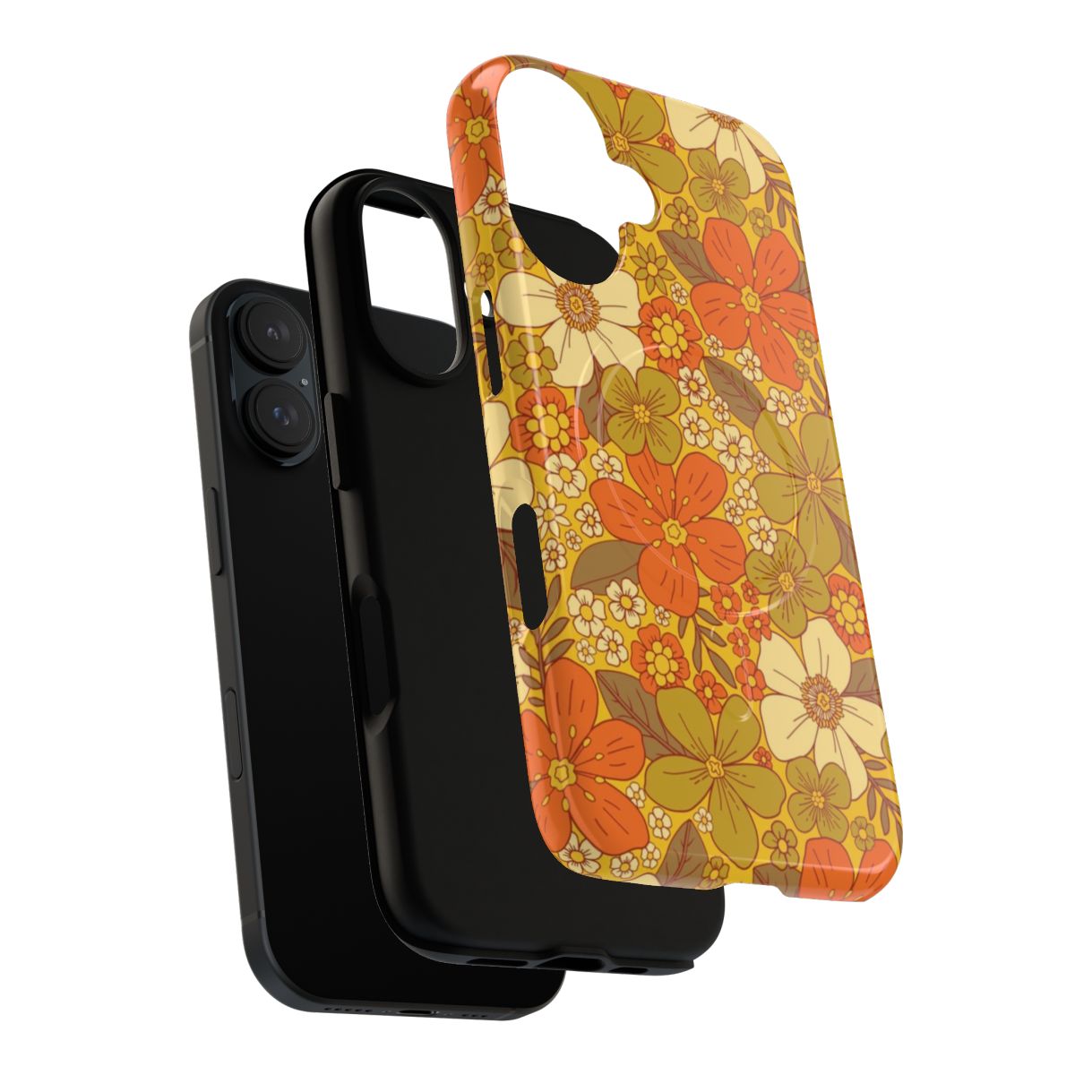 Retro floral phone case with olive green and orange colors - Layers