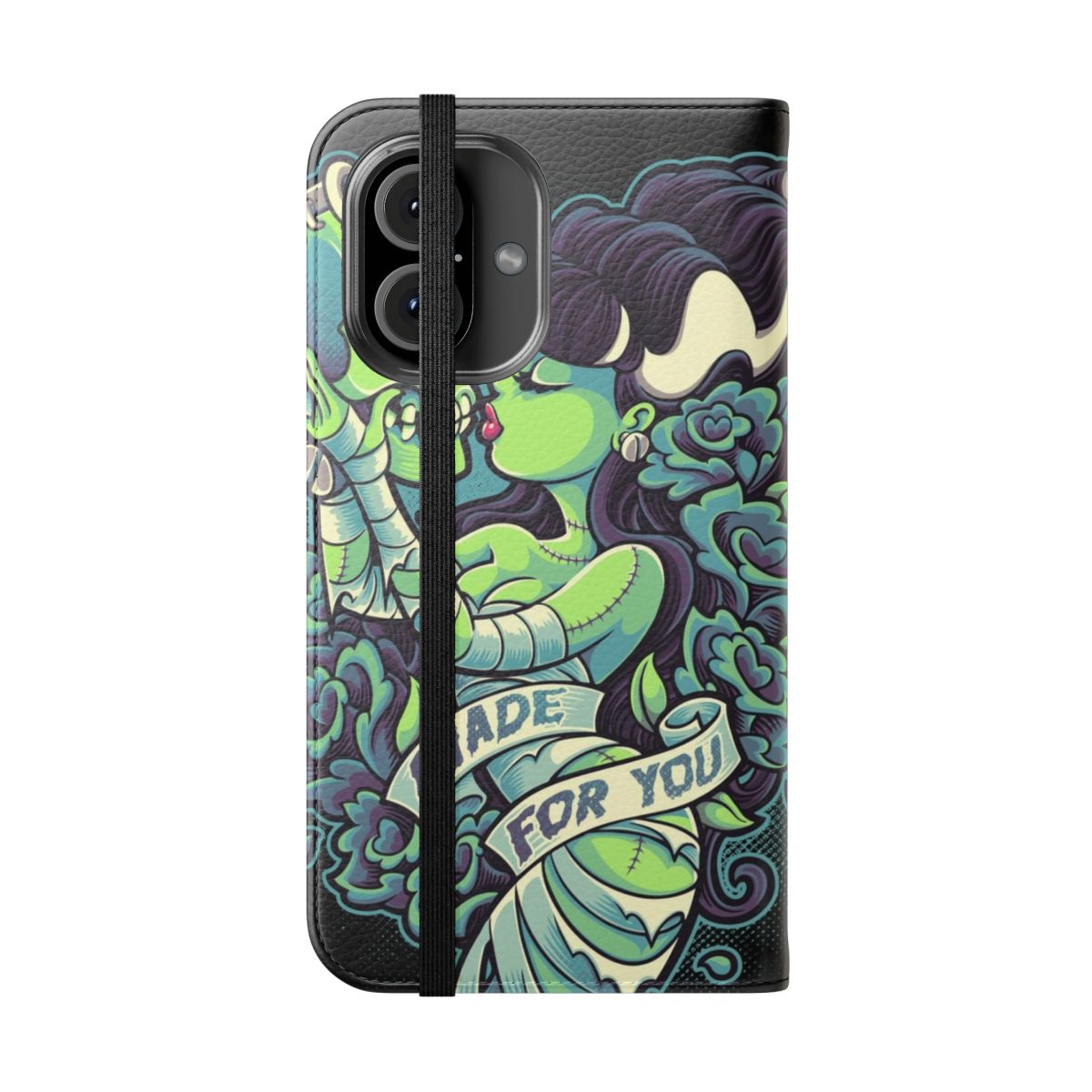 Retro-styled flip cover phone case with horror-inspired graphics including skulls, roses, and a heart design. - Folded Front