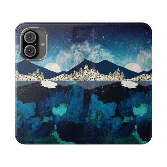 Midnight water flip cover phone case featuring a serene nature landscape design with mountains, trees, and a night sky reflection.