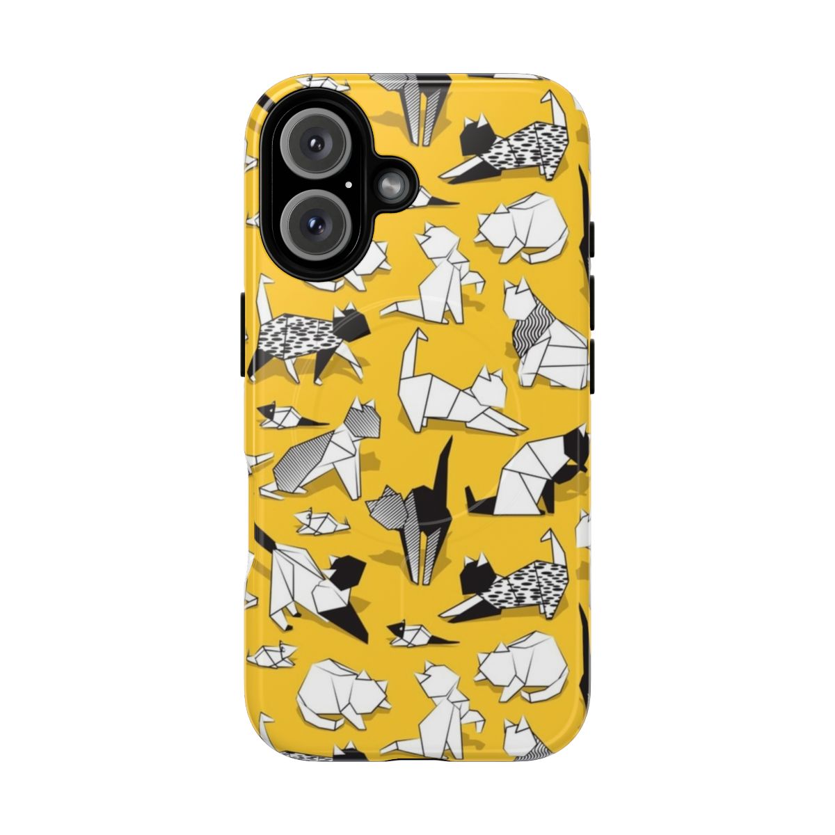 Colorful origami-style kitten illustrations on a sunglow yellow background, printed on a durable magnetic phone case.