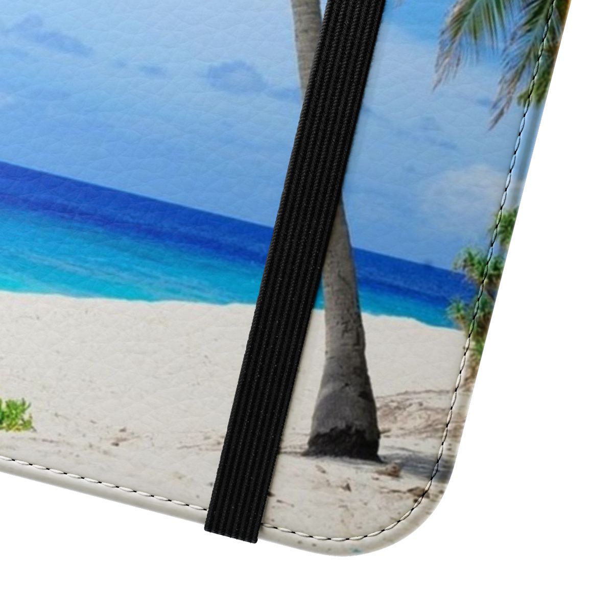 Flip cover phone case featuring a tropical palm tree beach landscape design - Close Up