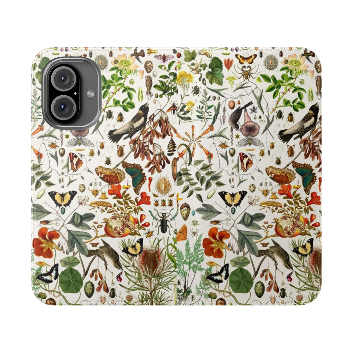 Nature-inspired flip cover phone case with detailed illustrations of butterflies, birds, and plants