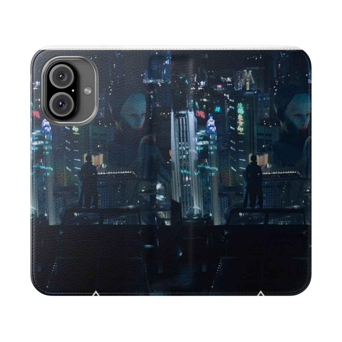 Cyberpunk-themed flip cover phone case featuring a cityscape design inspired by the Ghost in the Shell anime.