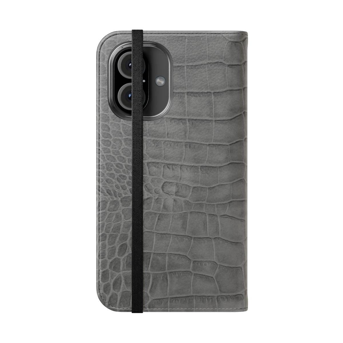 Grey croco leather effect flip phone case with textured animal print design - Folded Front