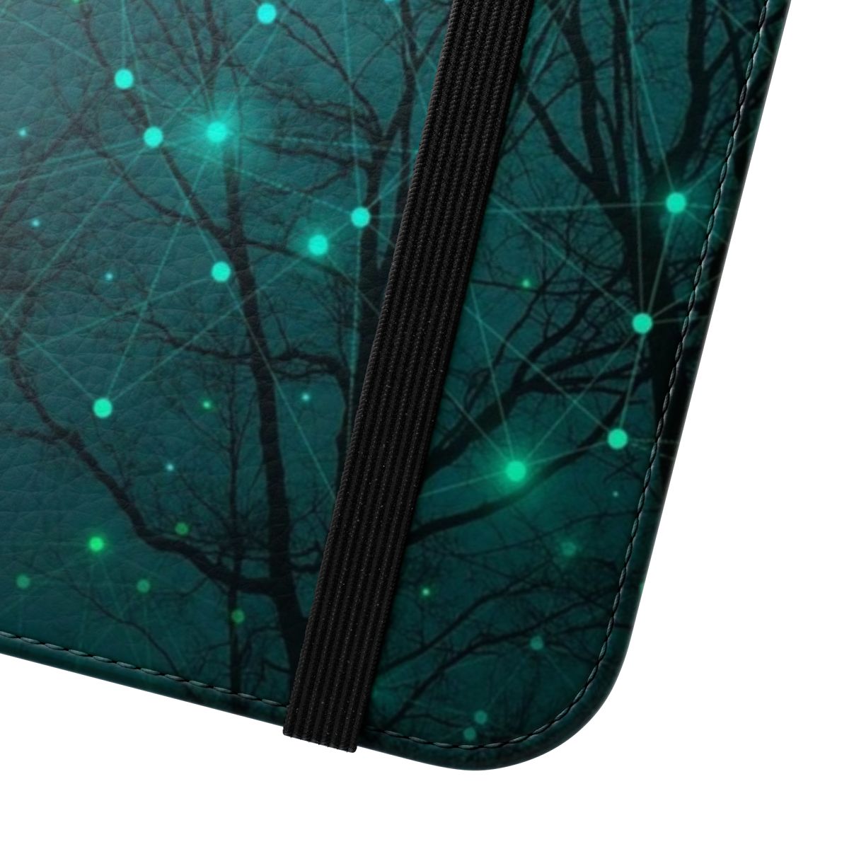 Teal and mint colored phone case with glowing geometric star and constellation patterns. - Close Up